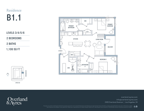 A floor plan for a residence B1.1 showing two bedrooms and two baths.